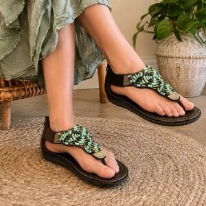 Alegria Lite Turquoise Beaded Sandals Women 38/8 US Brown Thong Zip Back Boho